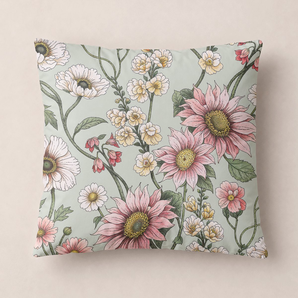 Funda de Cojín Estampada Savia Rosa - Verde y Rosa - foto 1